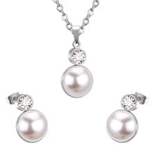 Stainless Steel Zircon Bridal Wedding Jewelry Set  Pearl Pendant Necklace Small Stud Earring For Women Set
